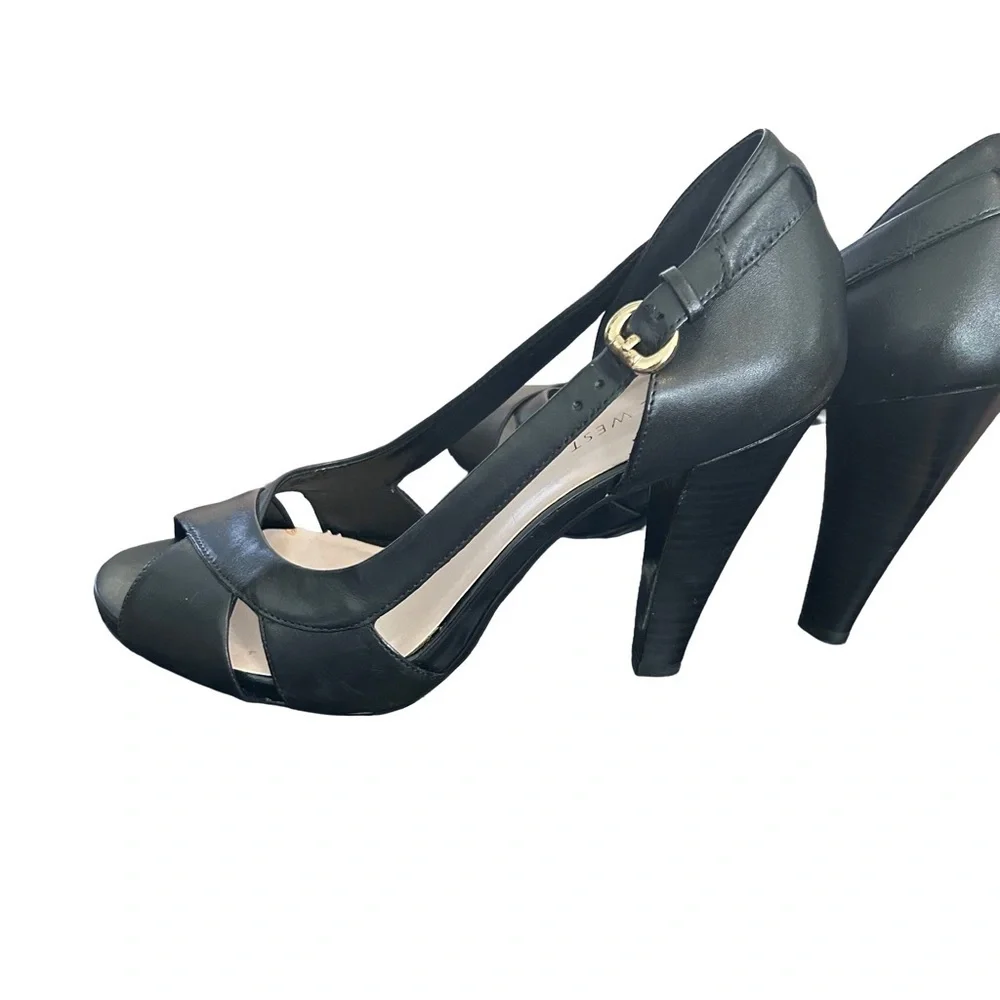 Nine West Black Classic Leather Peep-Toe Slingbacks with Gold Buckle 7.5